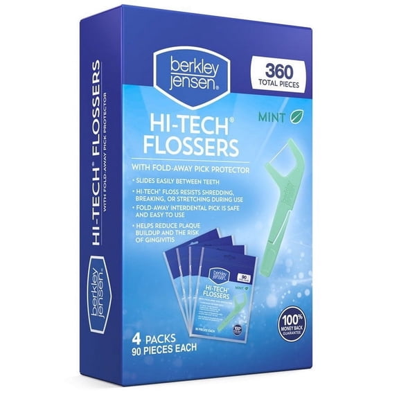Berkley Jensen  Hi-Tech Flossers Mint 4 Packs 90 Pieces Each - 360 Total Pieces