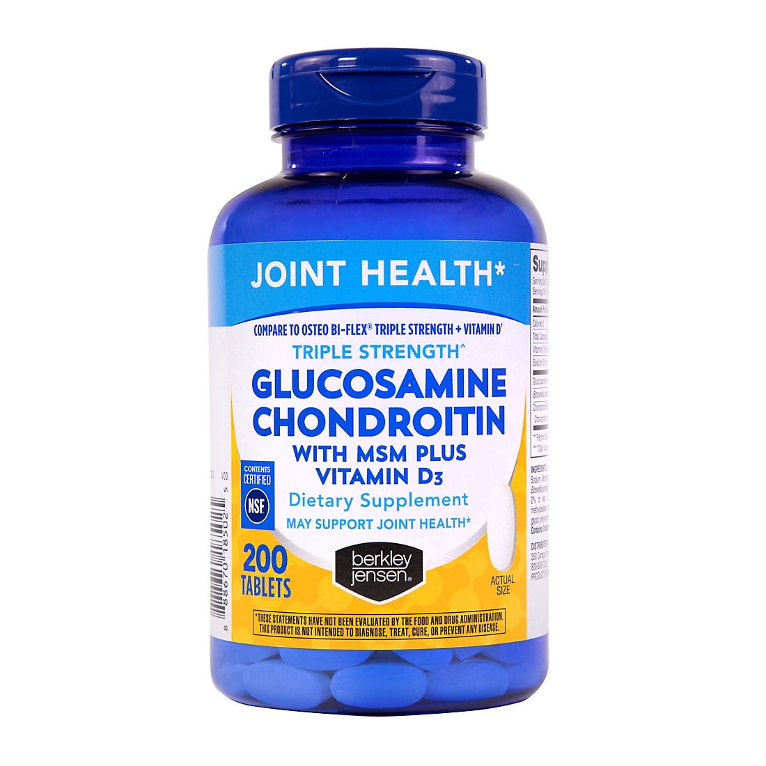 Berkley Jensen Triple Strength Glucosamine Chondroitin with MSM + Vitamin D3 Supplement Tablets, 200 ct.