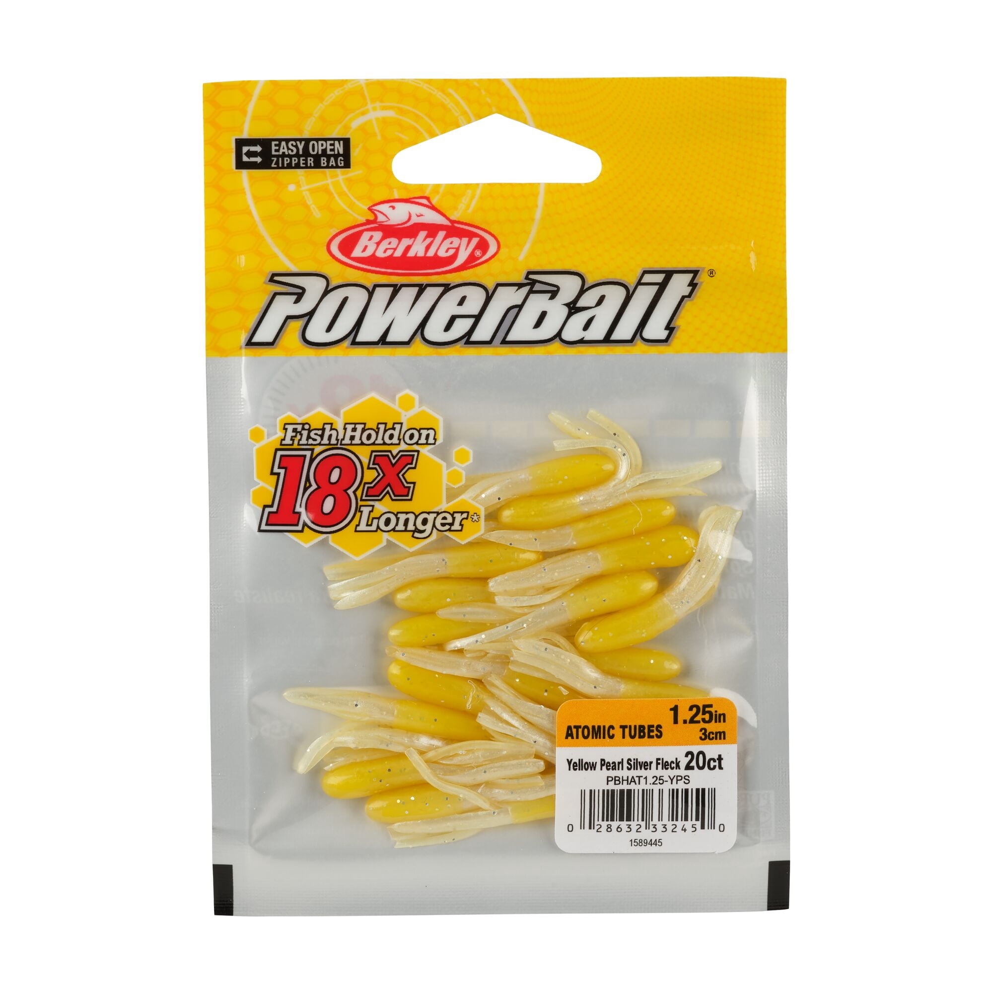 Berkley PowerBait® Atomic Tubes, 1.25 in, Tubes, Yellow Pearl Silver Fleck (20 Count)