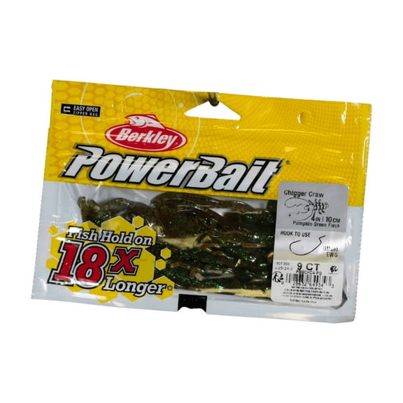 Powerbait Chigger Craw Soft Bait 4" Length, Pmpkin Green Fleck, Per 9 1307368