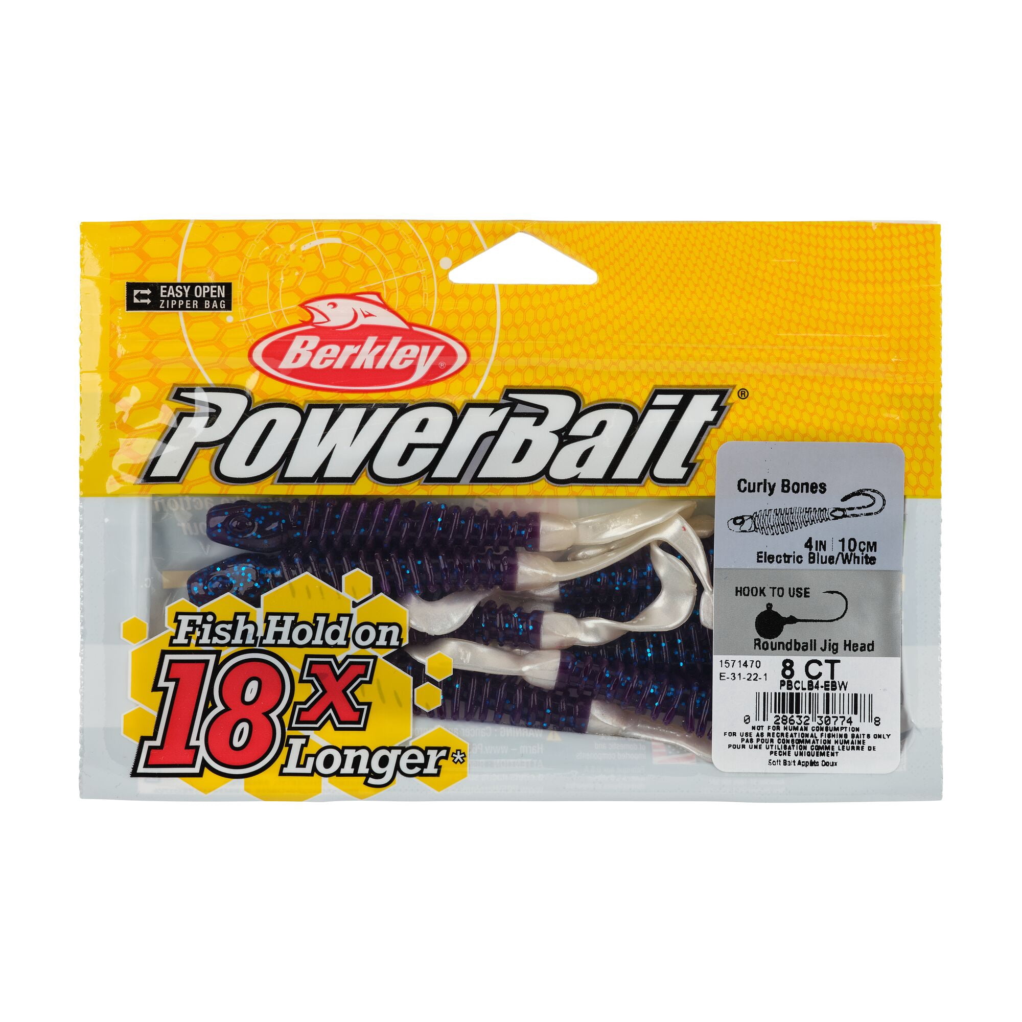 Berkley PowerBait® Curly Bones, 4 in, Swimbaits, Electric Blue/White (8-count)