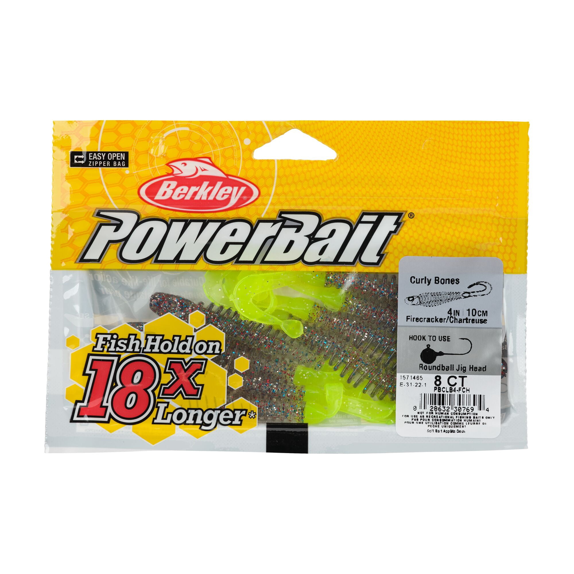 Berkley PowerBait® Curly Bones, 4 in, Swimbaits, Firecracker/Chartreuse (8-count)
