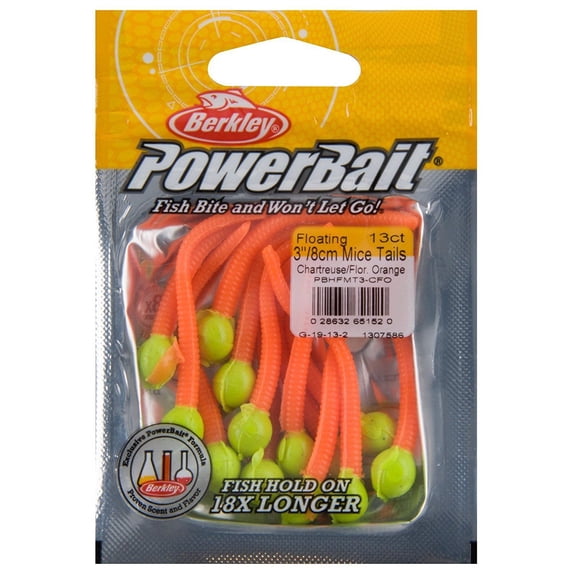 Berkley PowerBait Floating Mice Tails Fishing Bait, Chartreuse/Fluorescent Orange, 3in | 8cm
