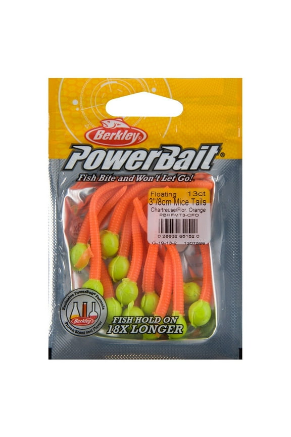 PowerBait Floating Mice Tails Fishing Bait, Chartreuse/Fluorescent Orange, 3in | 8cm