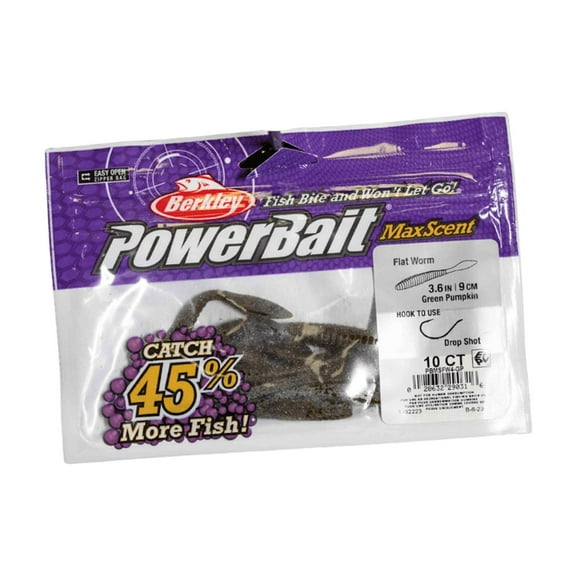 Berkley PowerBait® MaxScent Flat Worm Finesse Fishing Bait, Green Pumpkin, 3.6in | 9cm, Irresistible Scent & Flavor, Versatile Profile, Ideal for Drop Shot Presentation