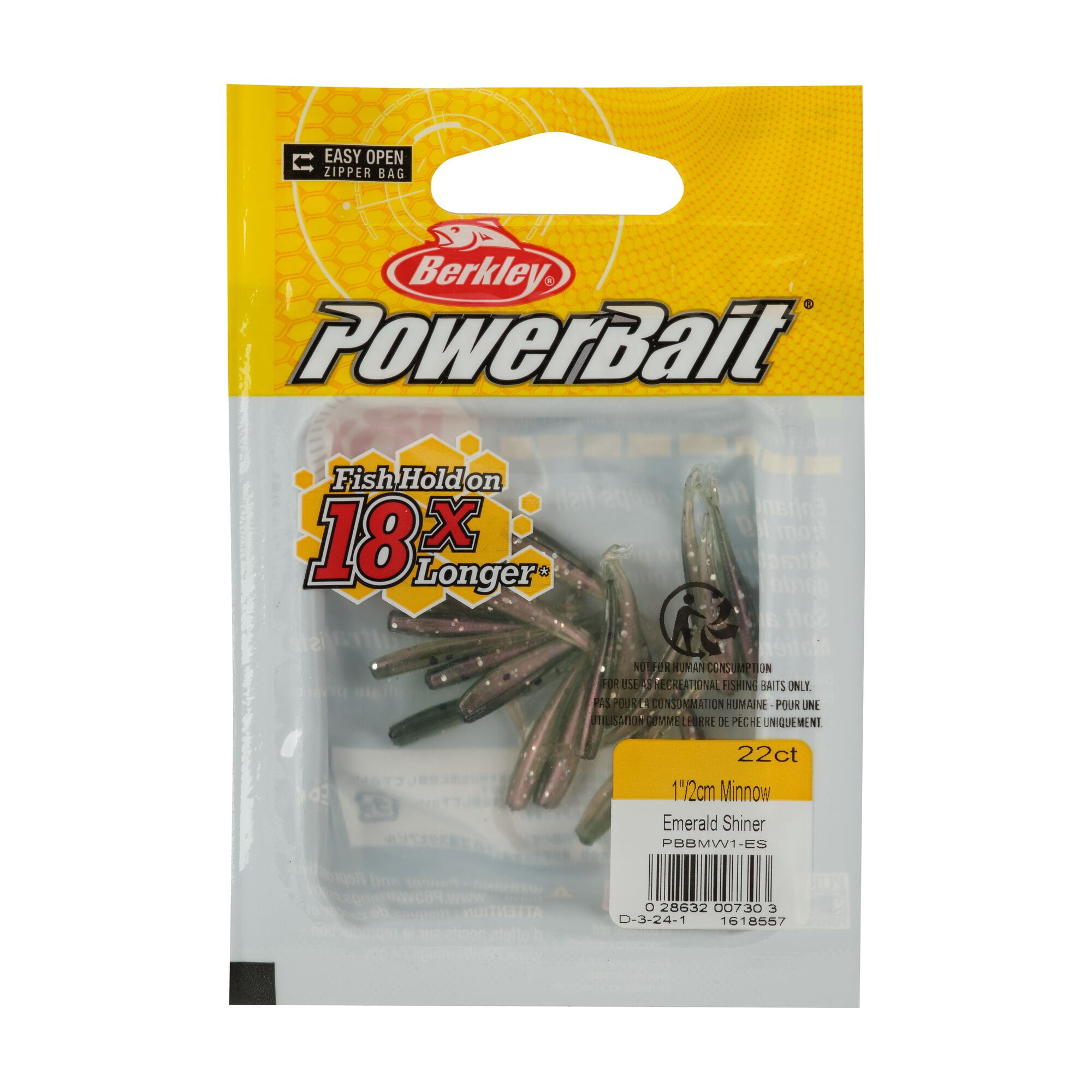 Berkley PowerBait® Minnow, 1 in, Pre-Rigged Baits, Emerald Shiner (22 Count)
