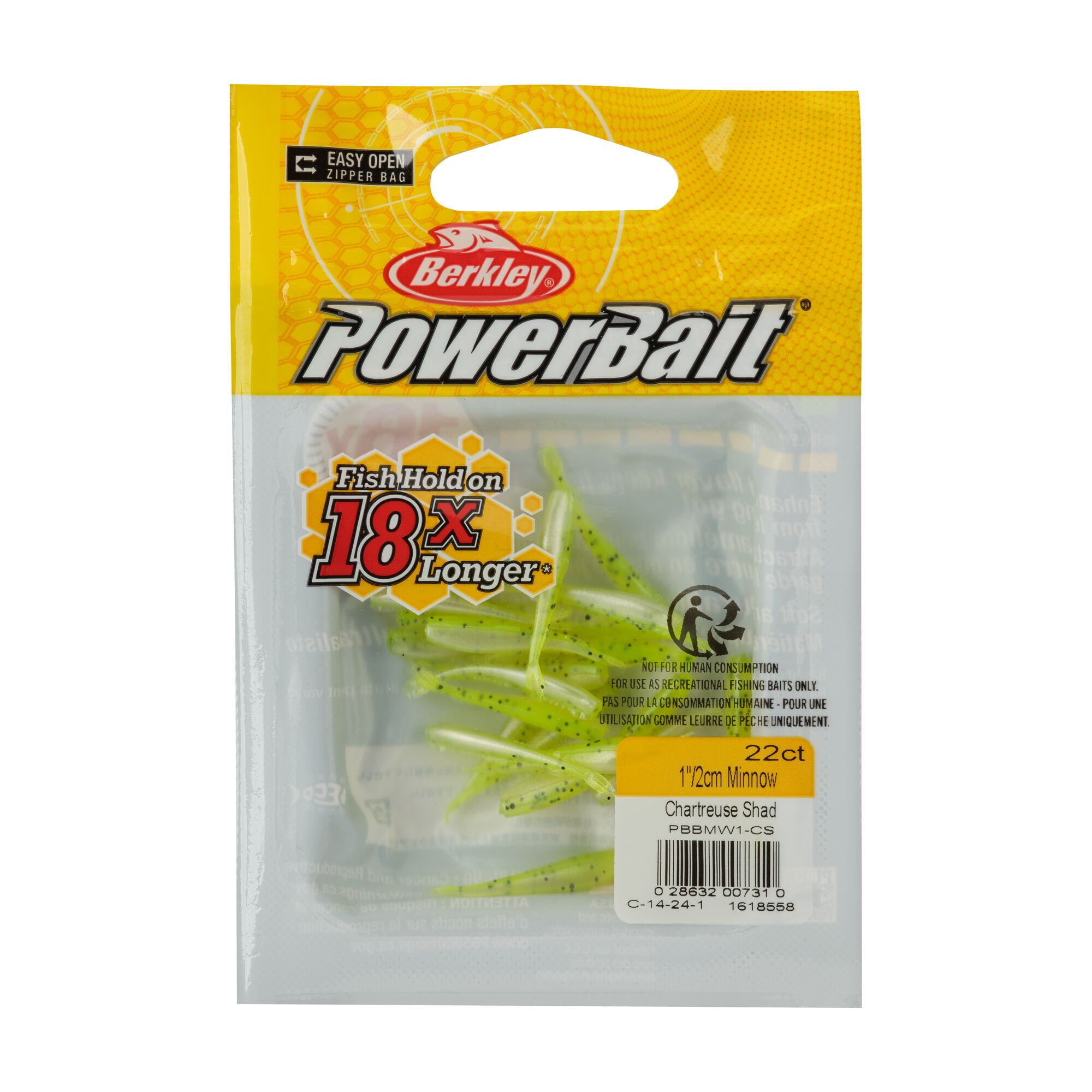Berkley PowerBait® Minnow, 1 in, Pre-Rigged Baits, Chartreuse Shad (22 Count)