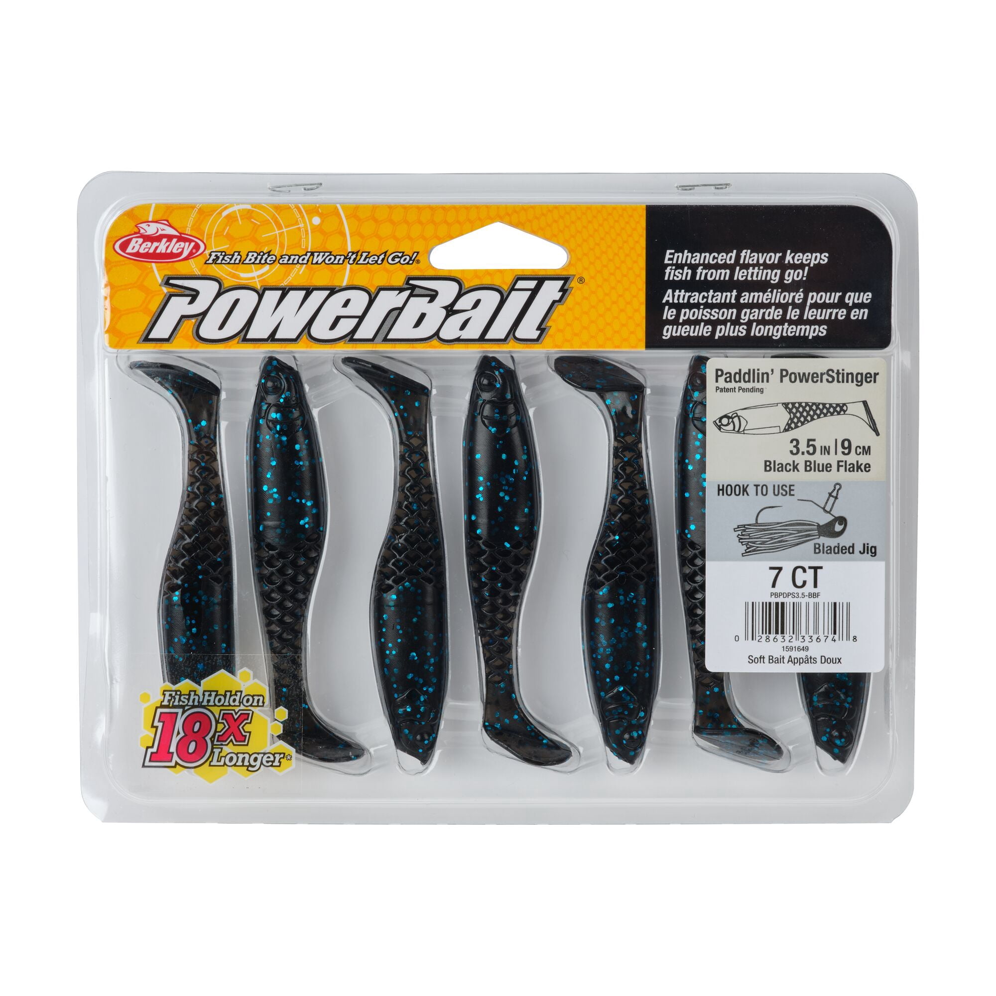 Berkley PowerBait® Paddlin' PowerStinger, 3.5 in, Swimbaits - Paddle Tail, Black Blue Fleck (7 Count)