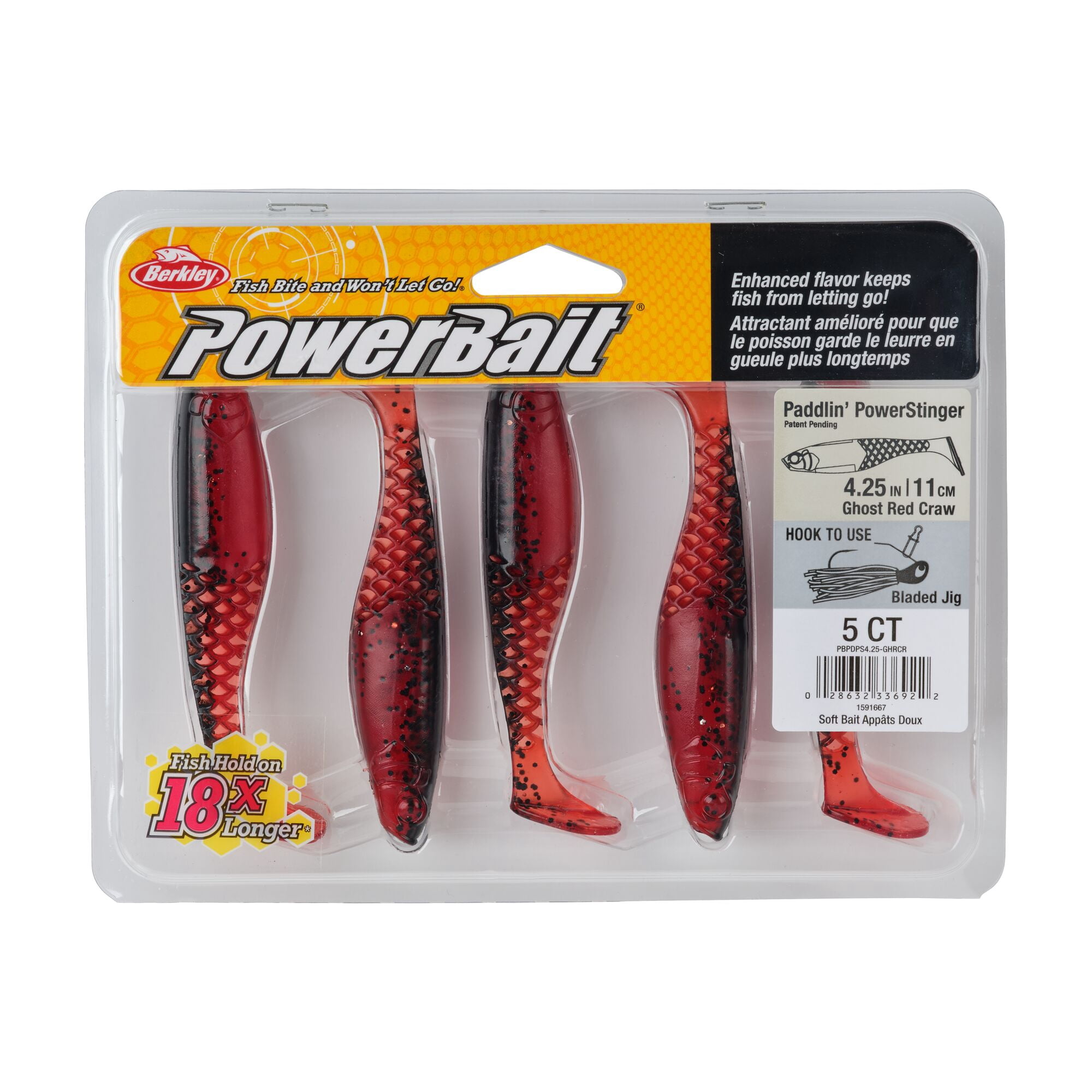 Berkley PowerBait® Paddlin' PowerStinger, 4.25 in, Swimbaits - Paddle Tail, Ghost Red Craw (5 Count)