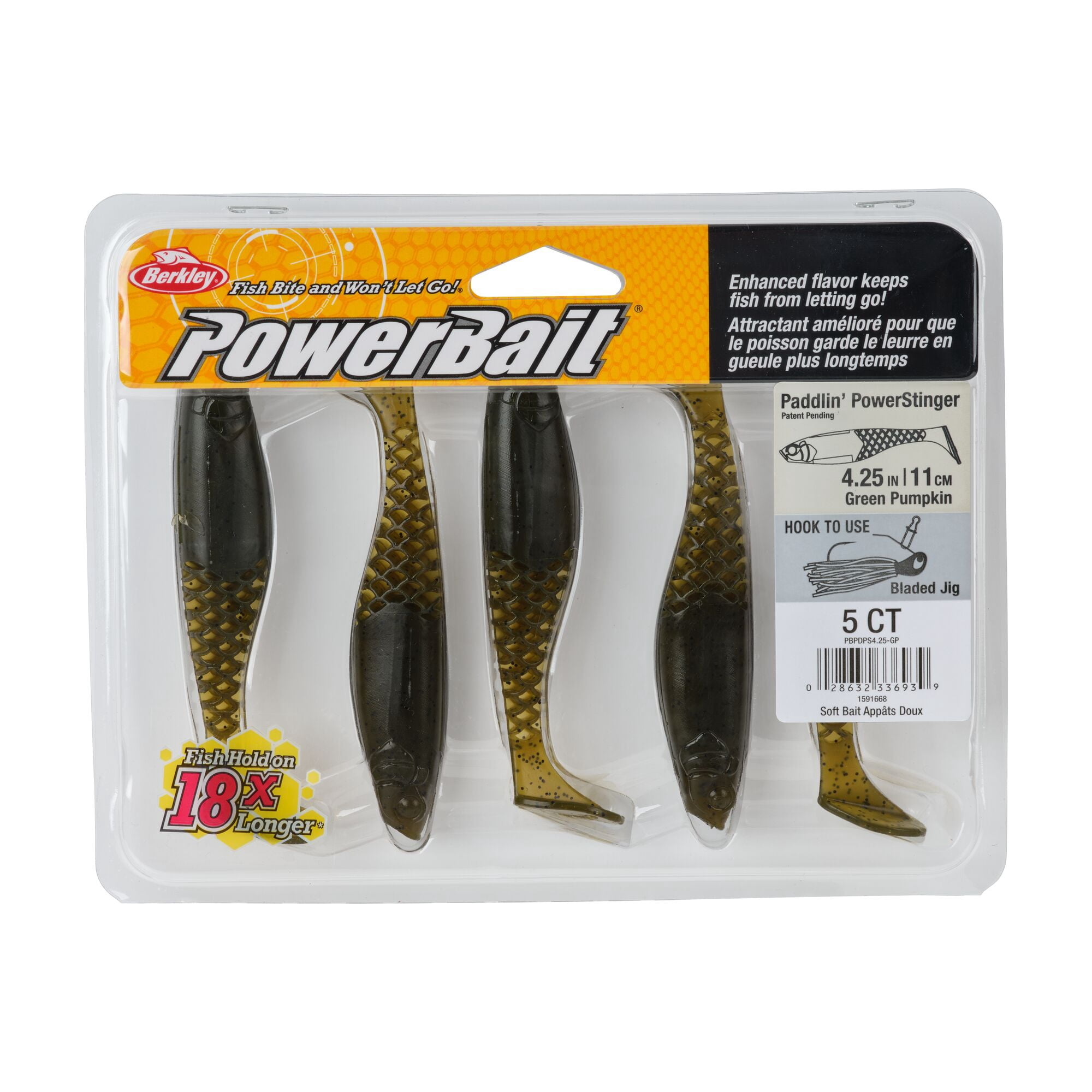 Berkley PowerBait® Paddlin' PowerStinger, 4.25 in, Swimbaits - Paddle Tail, Green Pumpkin (5 Count)
