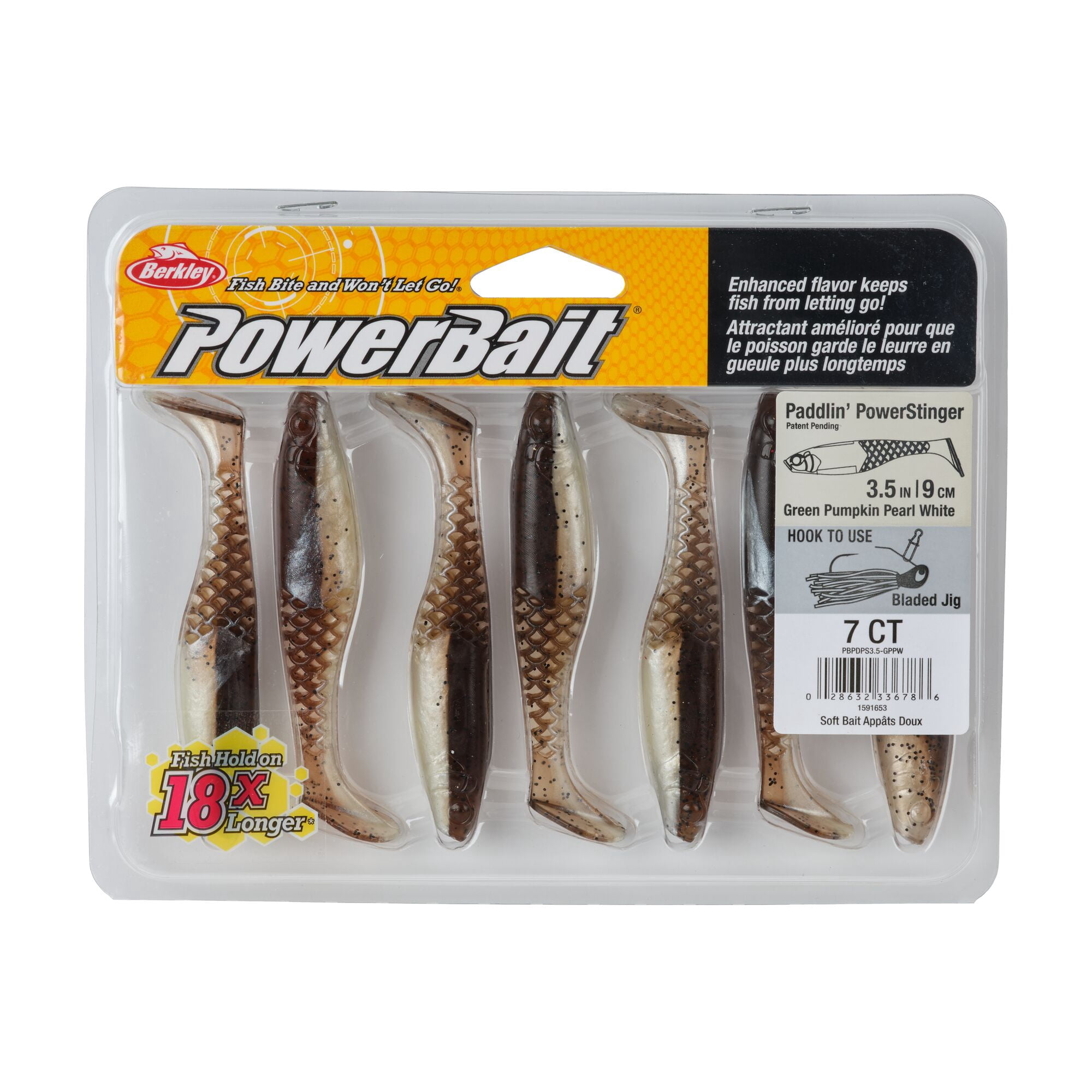 Berkley PowerBait® Paddlin' PowerStinger, 3.5 in, Swimbaits - Paddle Tail, Green Pumpkin Pearl White (7 Count)