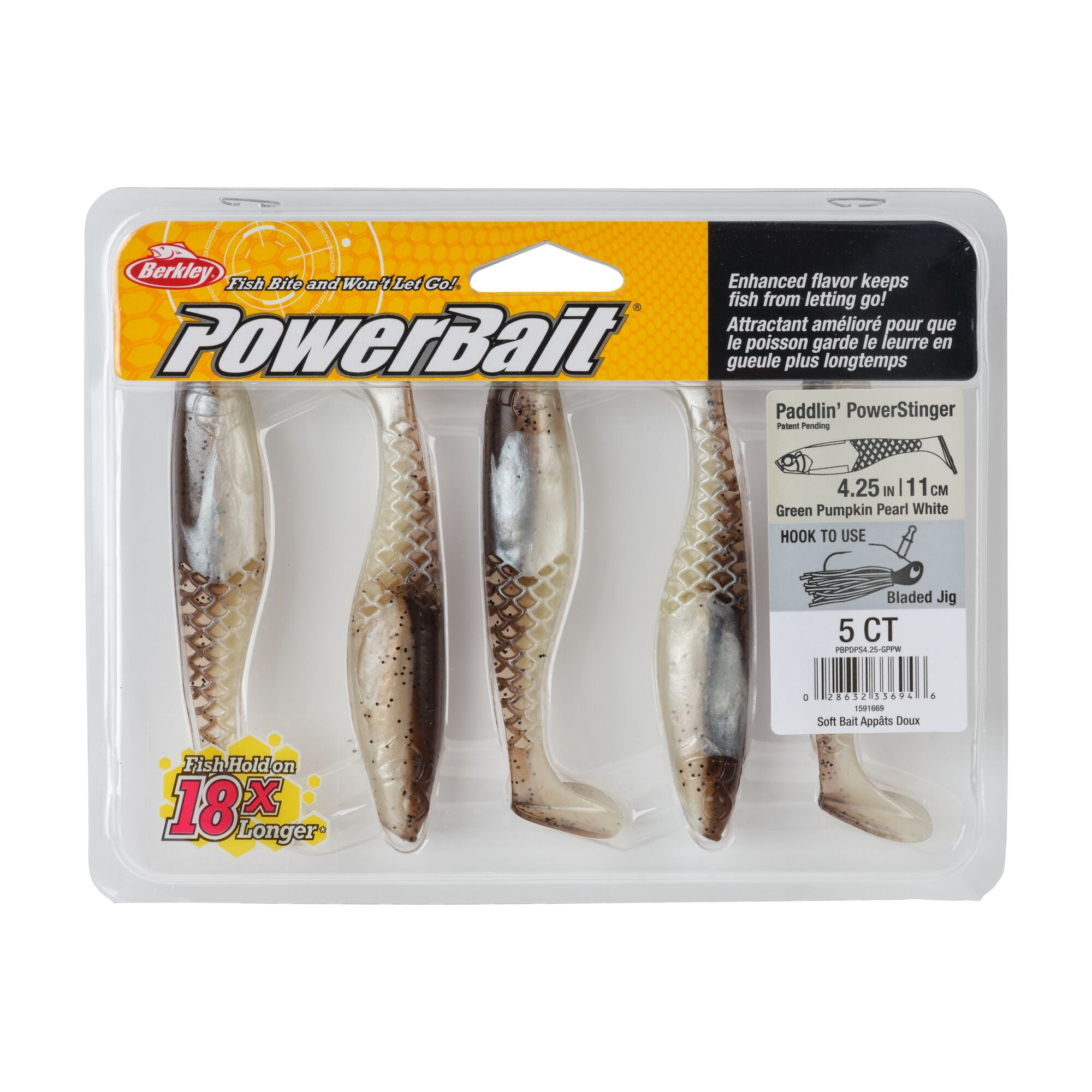 Berkley PowerBait® Paddlin' PowerStinger, 4.25 in, Swimbaits - Paddle Tail, Green Pumpkin Pearl White (5 Count)