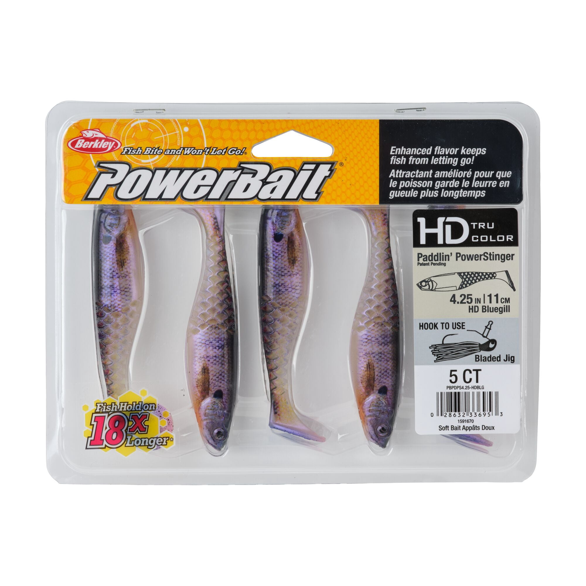 Berkley PowerBait® Paddlin' PowerStinger, 4.25 in, Swimbaits - Paddle Tail, HD Bluegill (5-count)