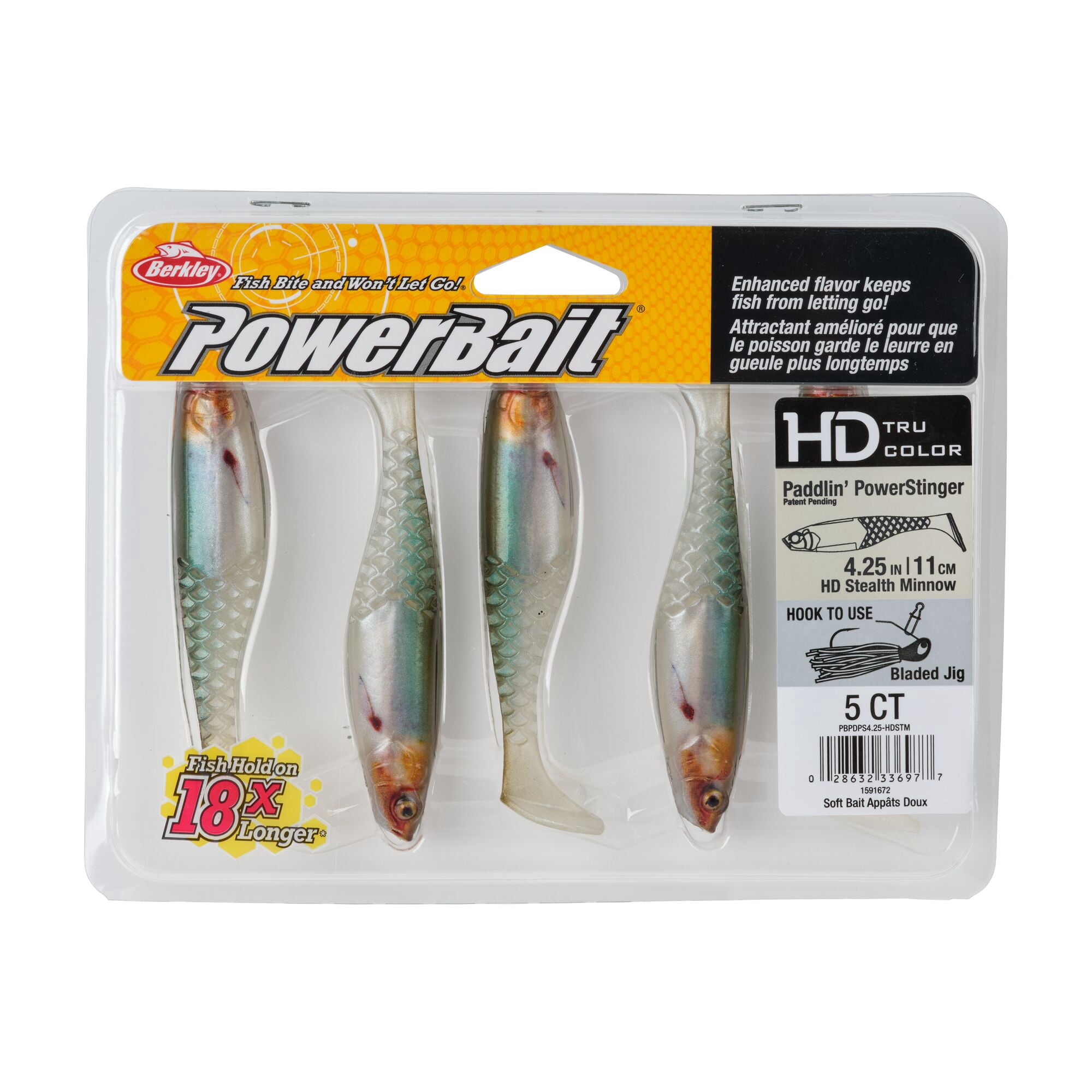 Berkley PowerBait® Paddlin' PowerStinger, 4.25 in, Swimbaits - Paddle Tail, HD Stealth Minnow (5-count)