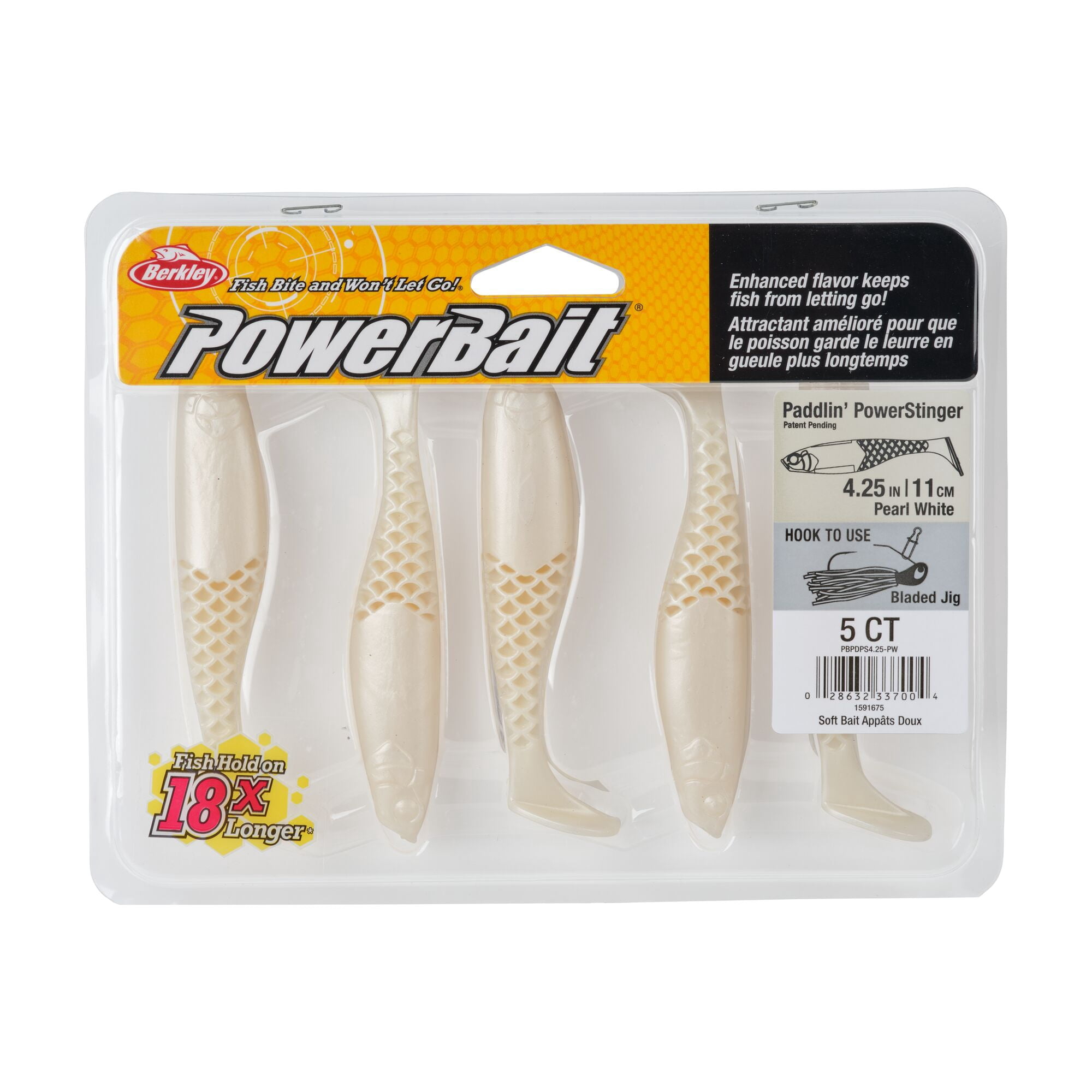 Berkley PowerBait® Paddlin' PowerStinger, 4.25 in, Swimbaits - Paddle Tail, Pearl White (5 Count)