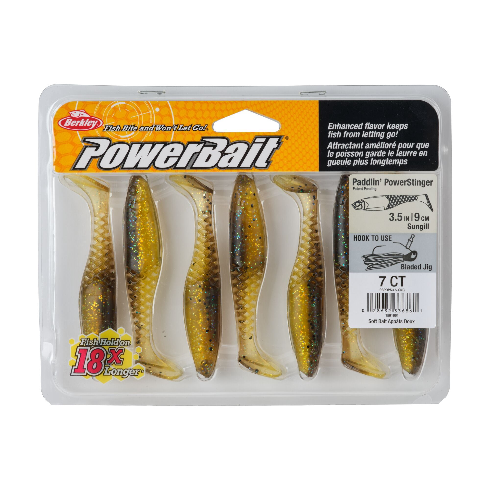 Berkley PowerBait® Paddlin' PowerStinger, 3.5 in, Swimbaits - Paddle Tail, Sun Gill (7 Count)