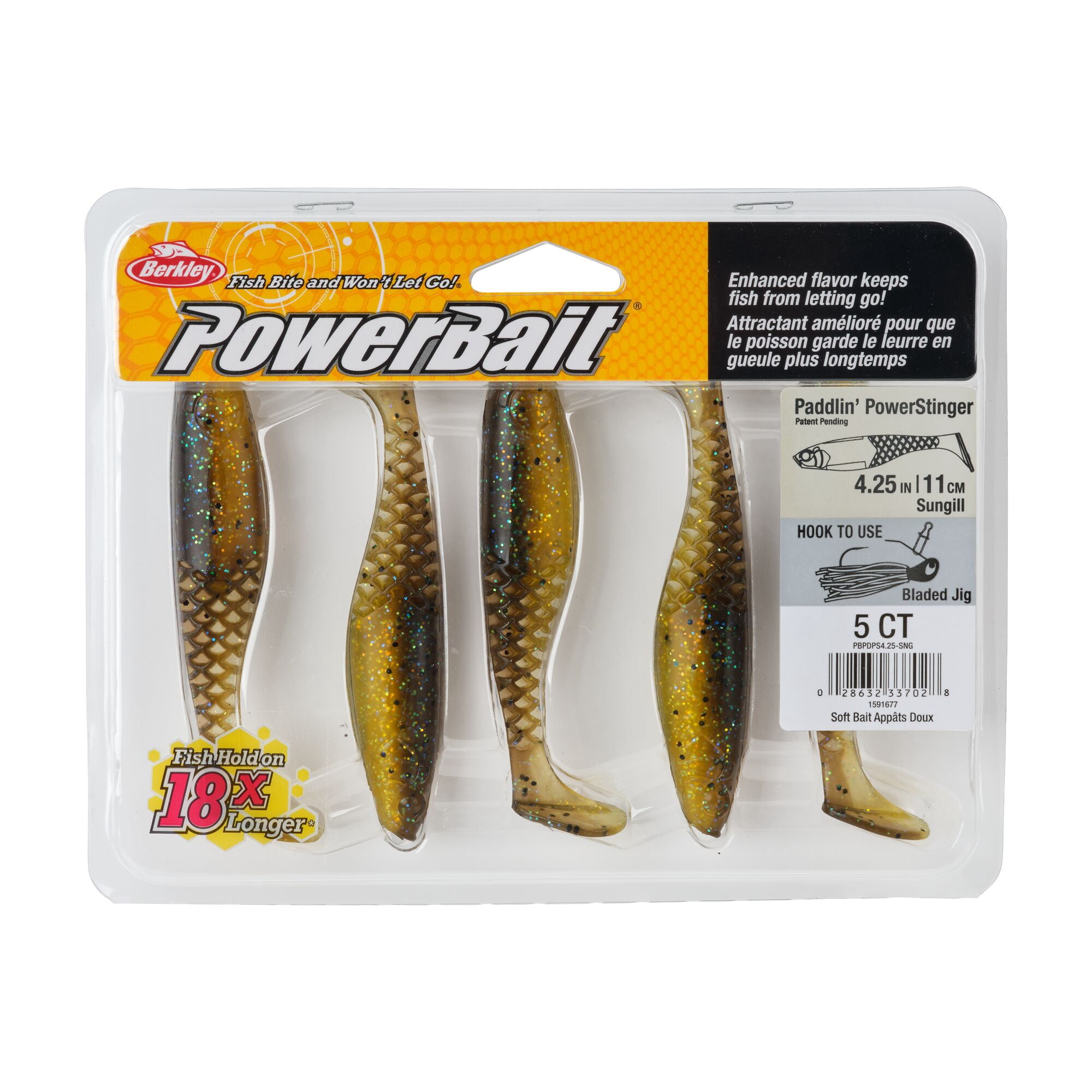 Berkley PowerBait® Paddlin' PowerStinger, 4.25 in, Swimbaits - Paddle Tail, Sun Gill (5 Count)