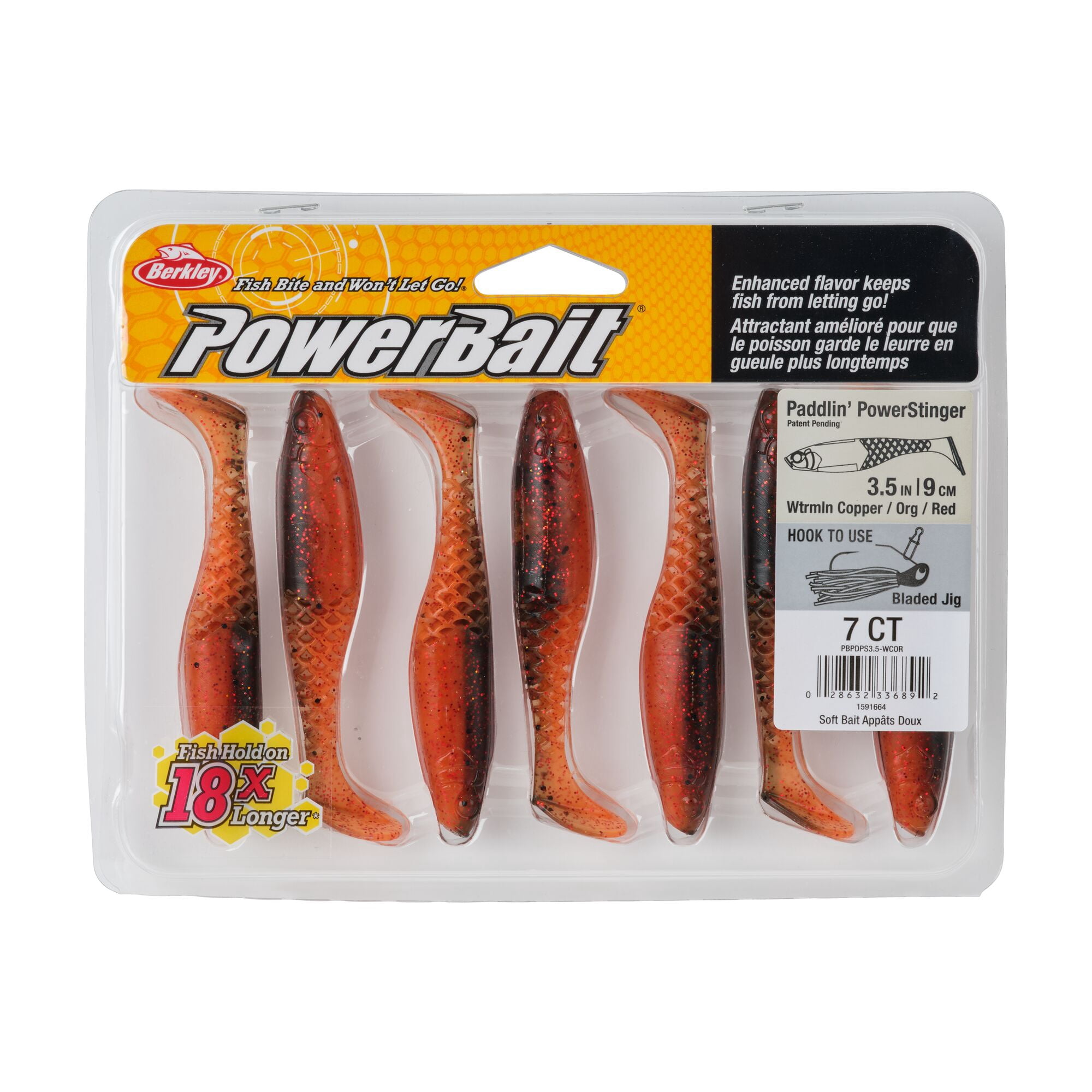 Berkley PowerBait® Paddlin' PowerStinger, 3.5 in, Swimbaits - Paddle Tail, Watermelon Copper/Orange w/Red (7 Count)