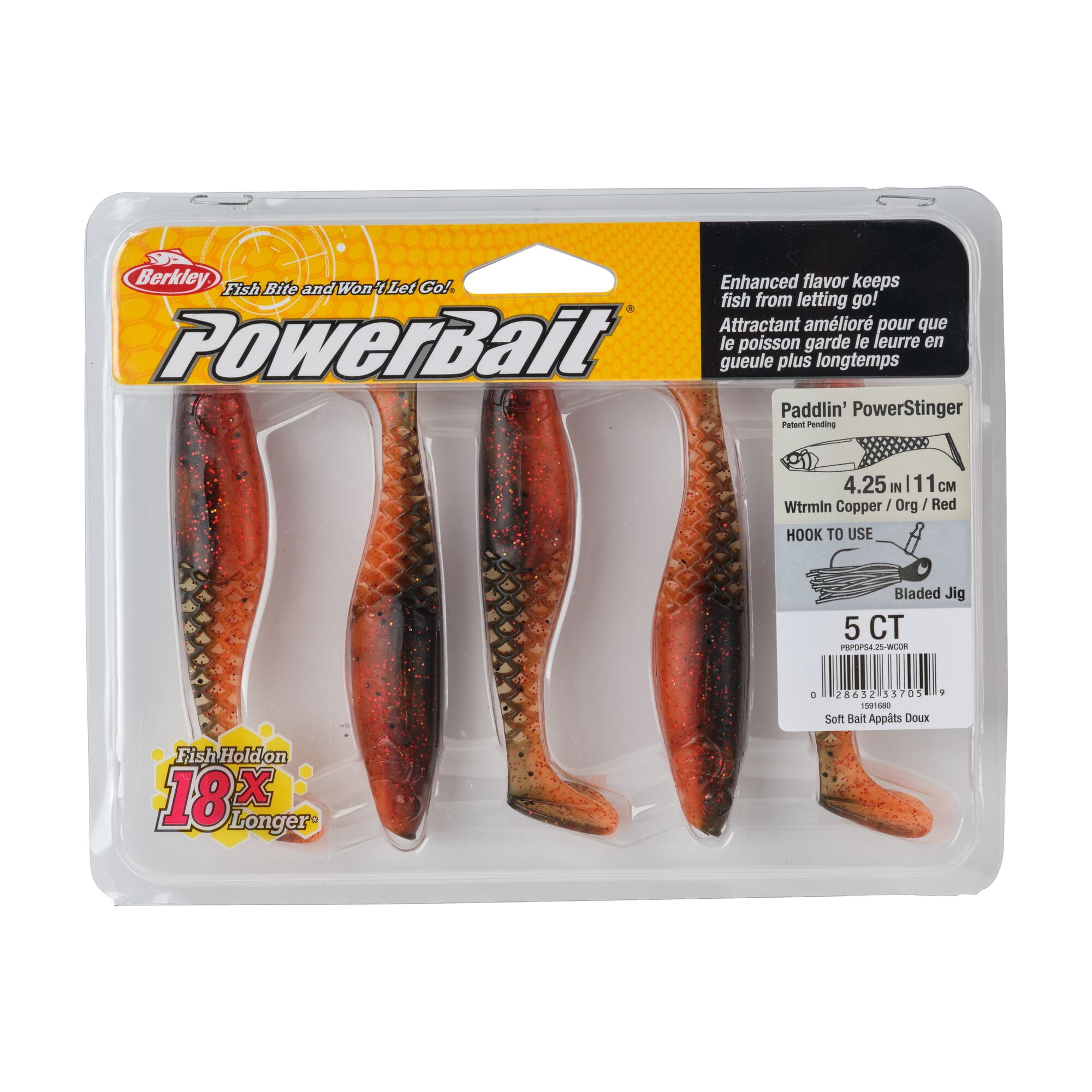 Berkley PowerBait® Paddlin' PowerStinger, 4.25 in, Swimbaits - Paddle Tail, Watermelon Copper/Orange w/Red (5 Count)