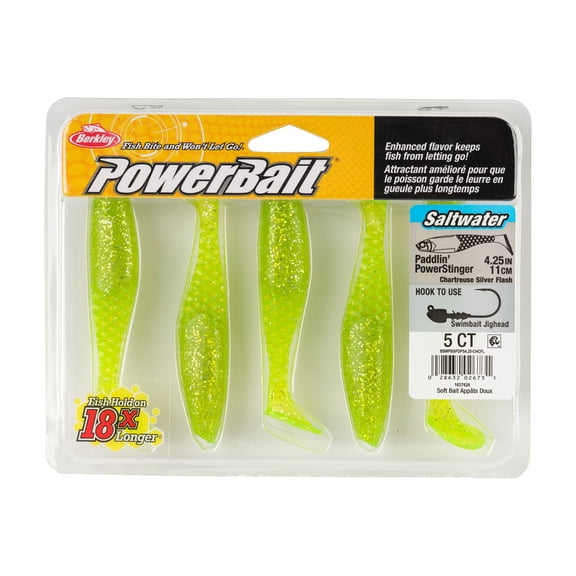 Berkley PowerBaitSaltwater Paddlin'PowerStinger, 4.25 in, Swimbaits - Paddle Tail, Chartreuse Silver Flash (5-count)