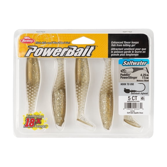 Berkley PowerBaitSaltwater Paddlin'PowerStinger, 4.25 in, Swimbaits - Paddle Tail, Hickory Shad (5-count)