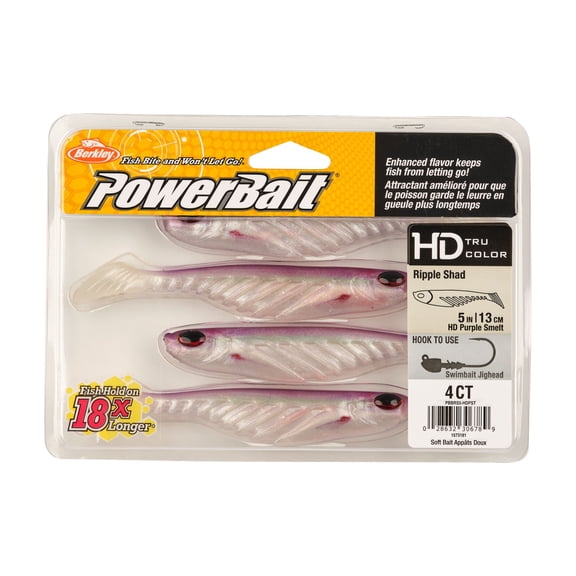 Berkley PowerBait® Ripple Shad, 5 in, Swimbaits, HD Purple Smelt (4 Count)