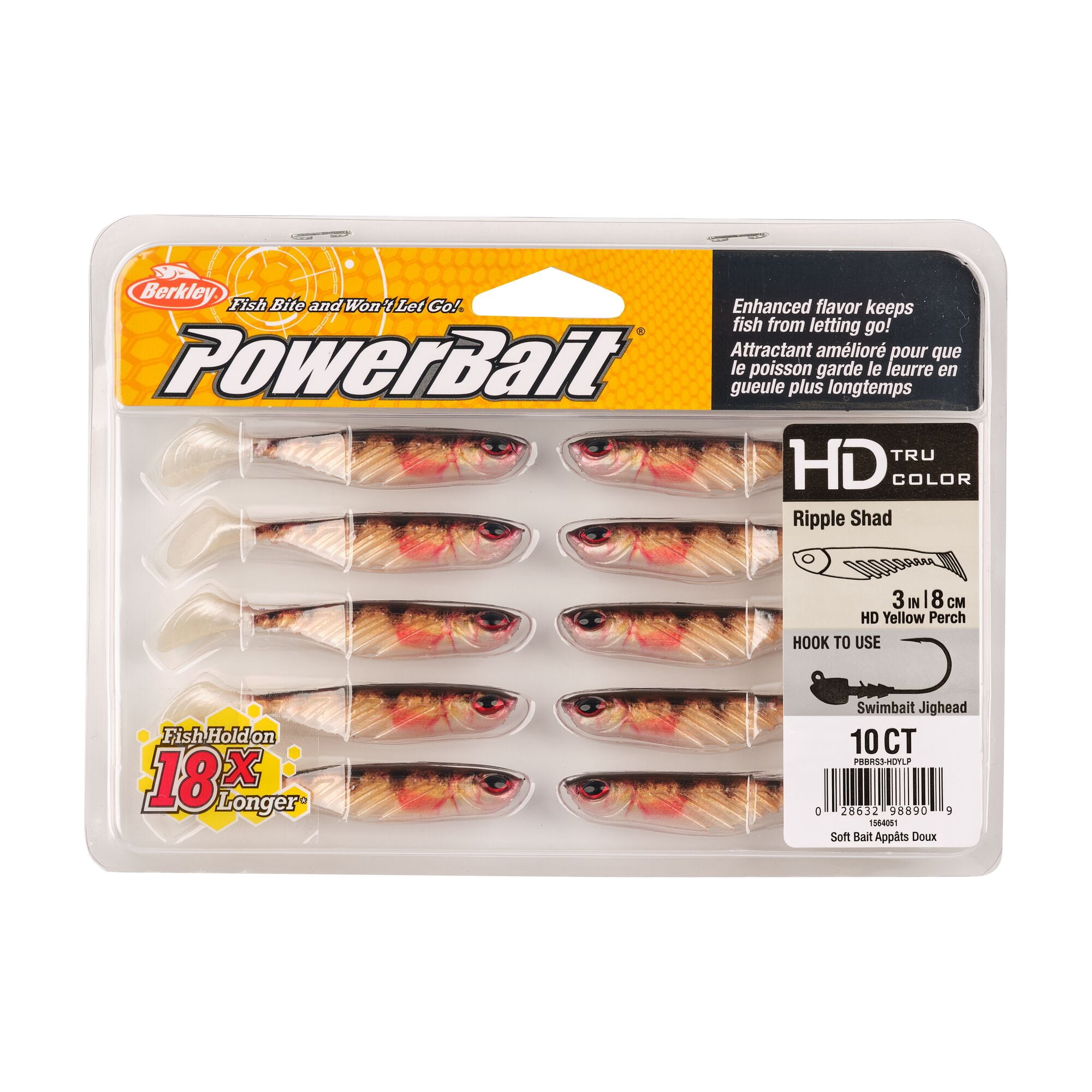 Berkley PowerBait® Ripple Shad, 3 in, Swimbaits, HD Yellow Perch (10 Count)