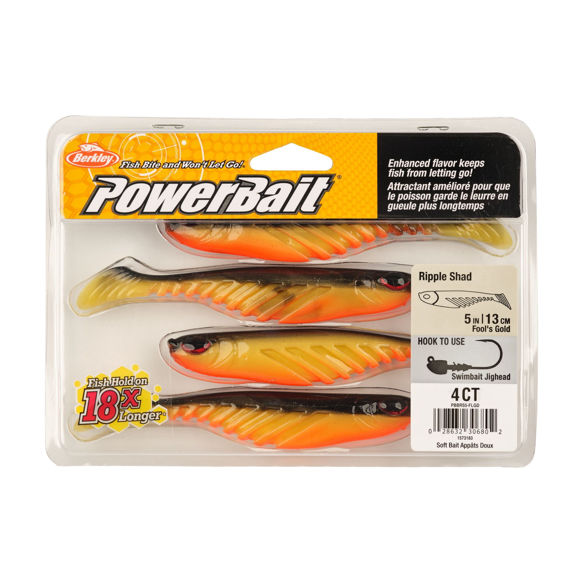 Berkley PowerBait® Ripple Shad, 5 in, Swimbaits, Fool's Gold (4 Count)