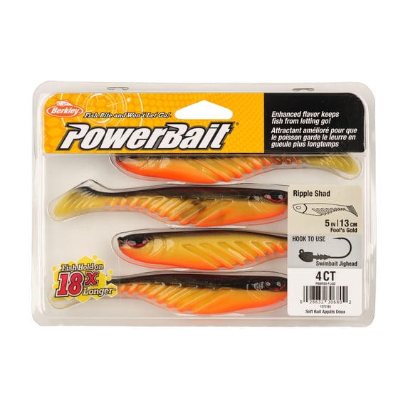 Berkley PowerBait® Ripple Shad, 5 in, Swimbaits, Fool's Gold (4 Count)