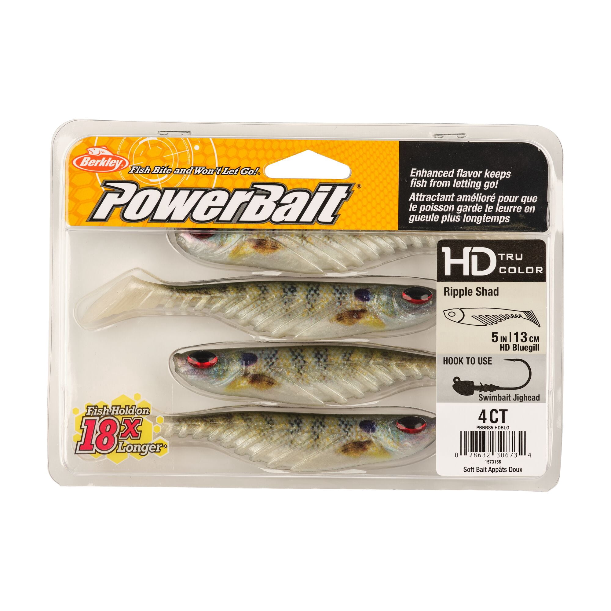 Berkley PowerBait® Ripple Shad, 5 in, Swimbaits, HD Bluegill (4 Count)