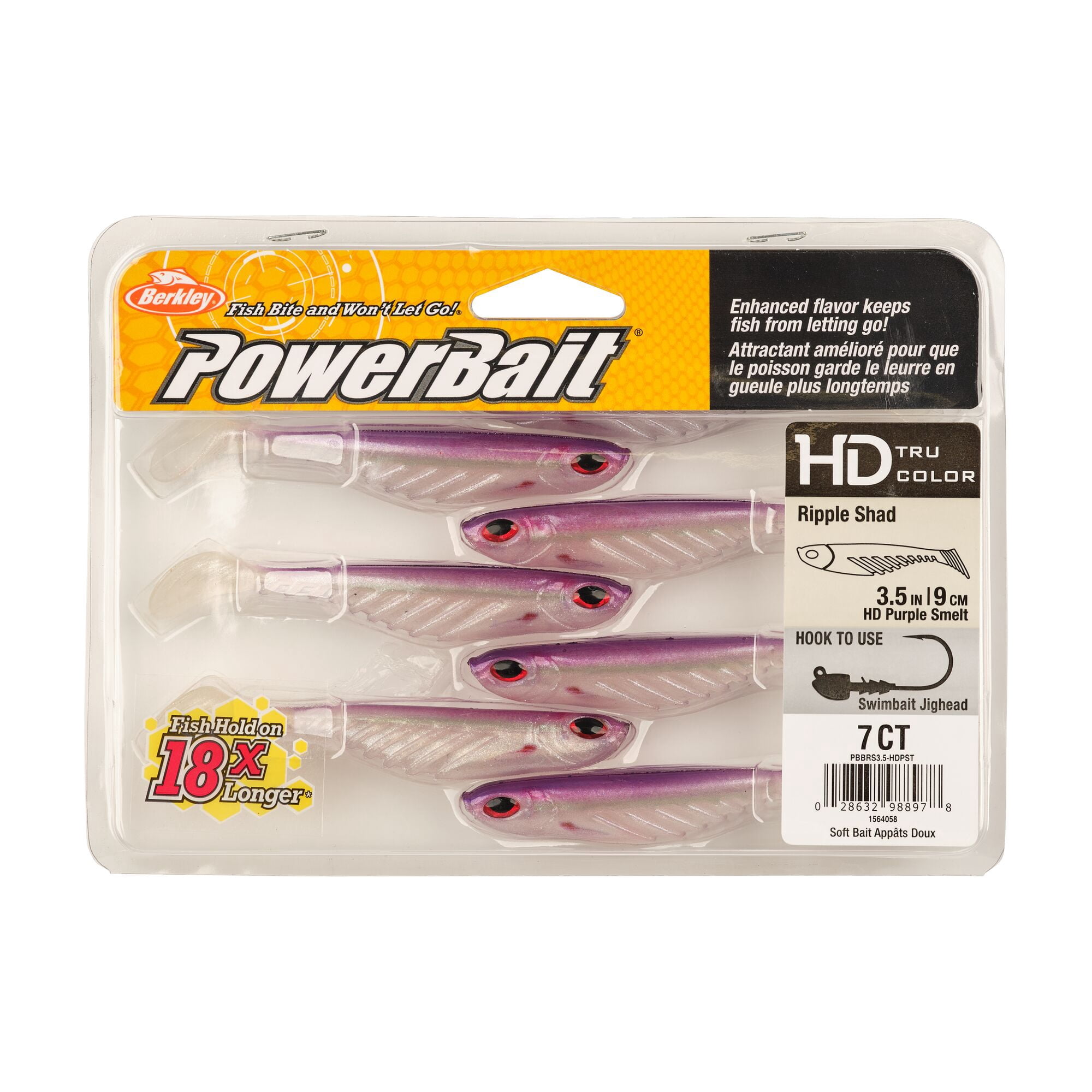 Berkley PowerBait® Ripple Shad, 3.5 in, Swimbaits, HD Purple Smelt (7 Count)