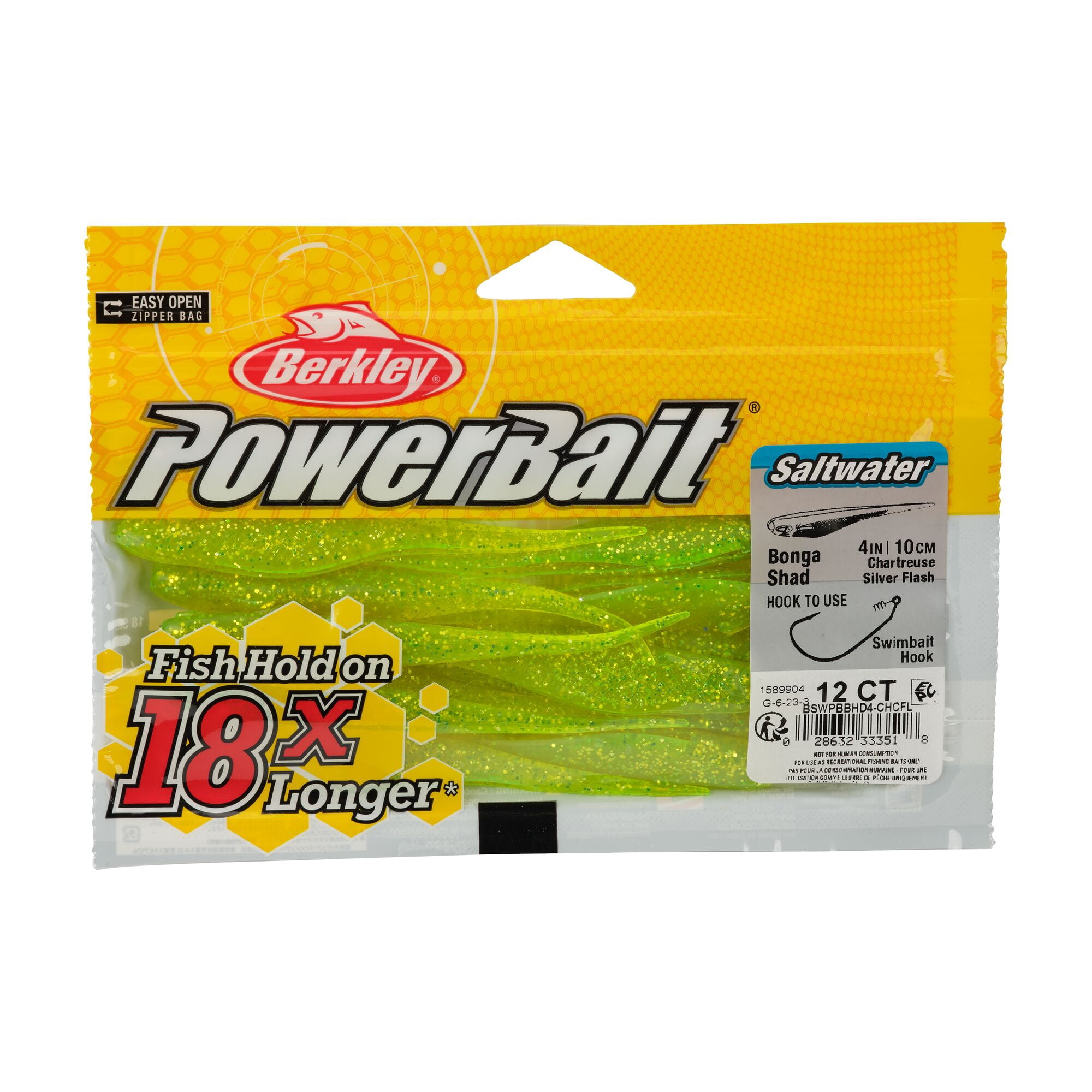 Berkley PowerBait® Saltwater Bonga Shad, 4 in, Jerkbaits, Chartreuse Silver Flash (12-count)