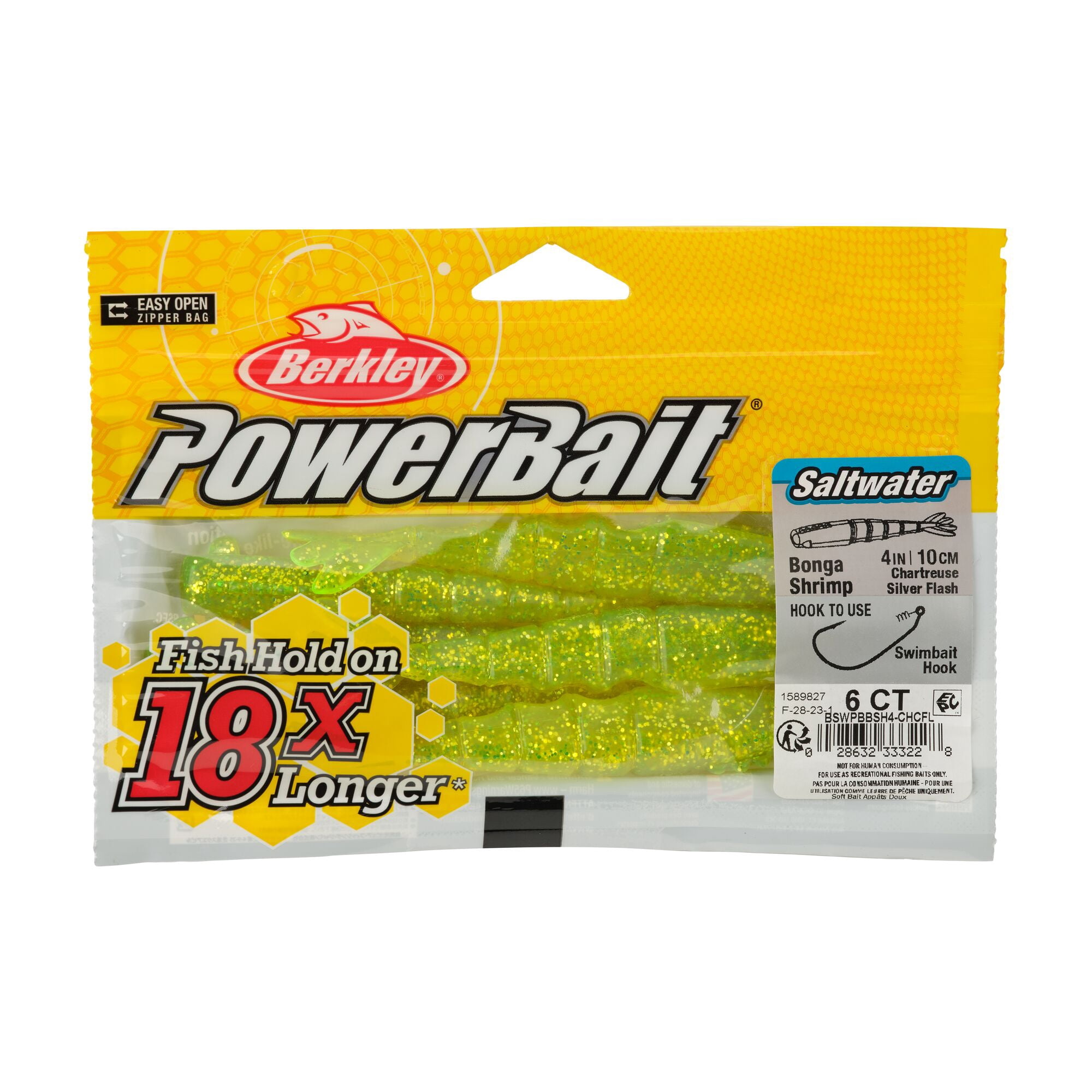 Berkley PowerBait® Saltwater Bonga Shrimp, 4 in, Shrimp, Chartreuse Silver Flash (6-count)