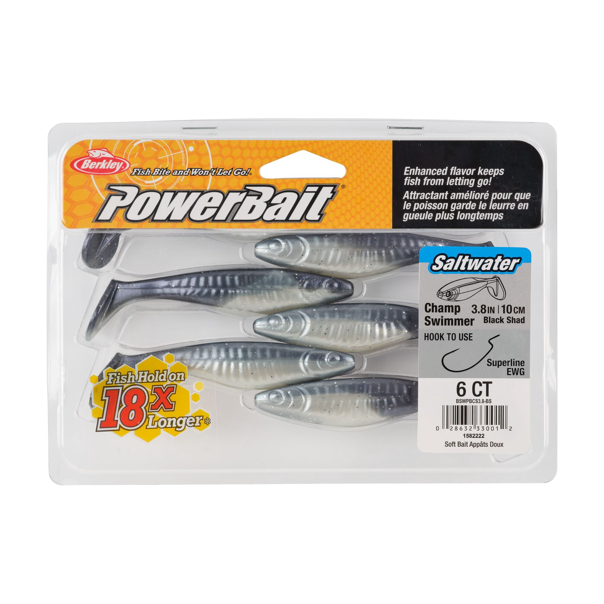 Berkley PowerBait® Saltwater The Champ Swimmer, 3.8 in, Swimbaits, Black Shad (6-count)