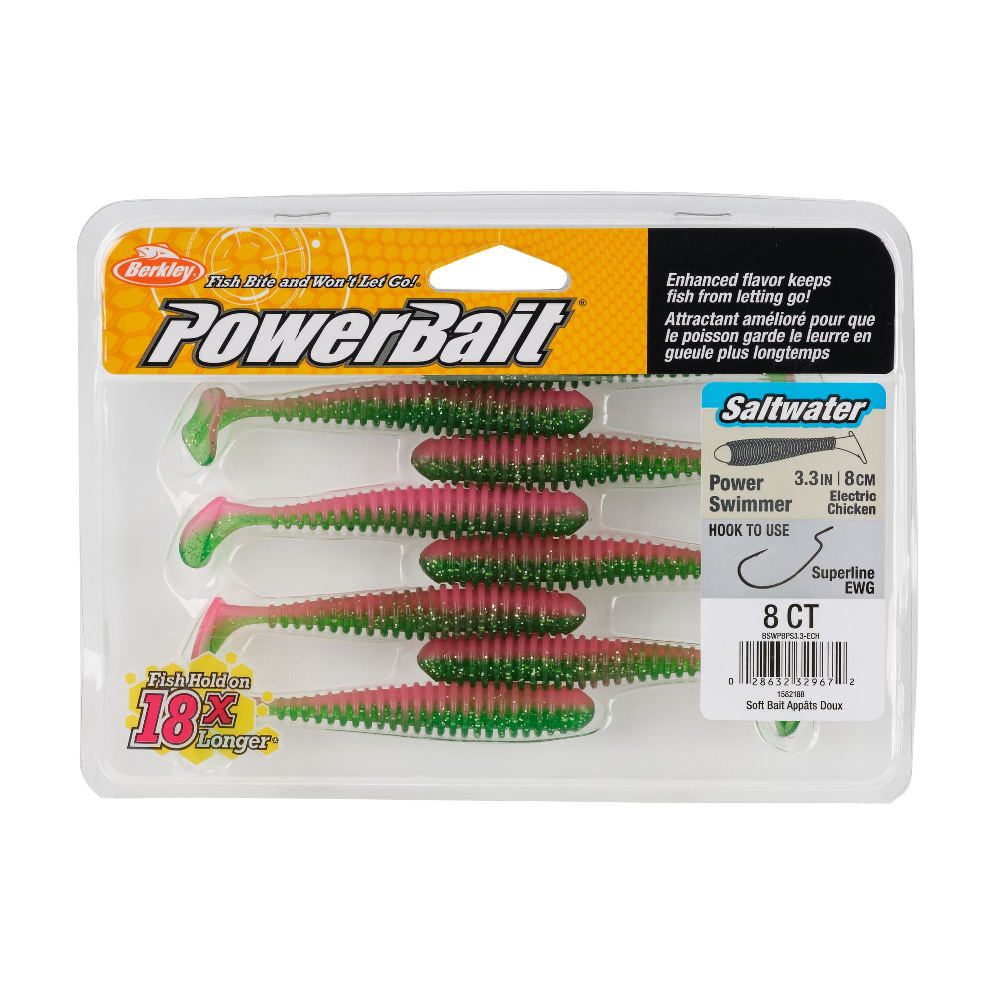 Berkley PowerBait® Saltwater Power Swimmer, 3.3 in, Swimbaits, Electric Chicken (8-count)