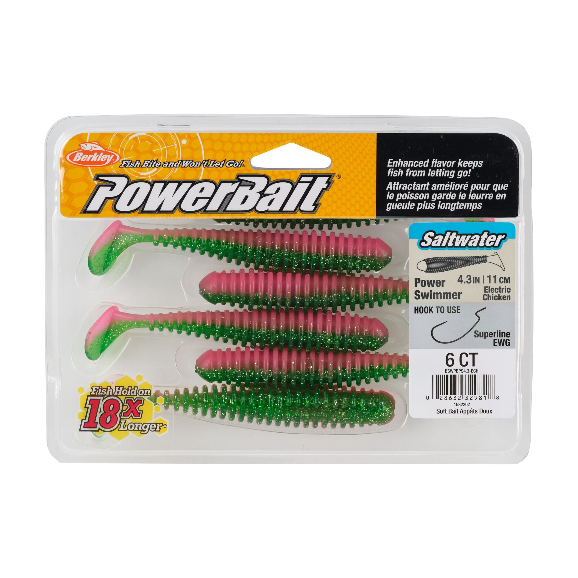 Berkley PowerBait® Saltwater Power Swimmer, 4.3 in, Swimbaits, Electric Chicken (6-count)