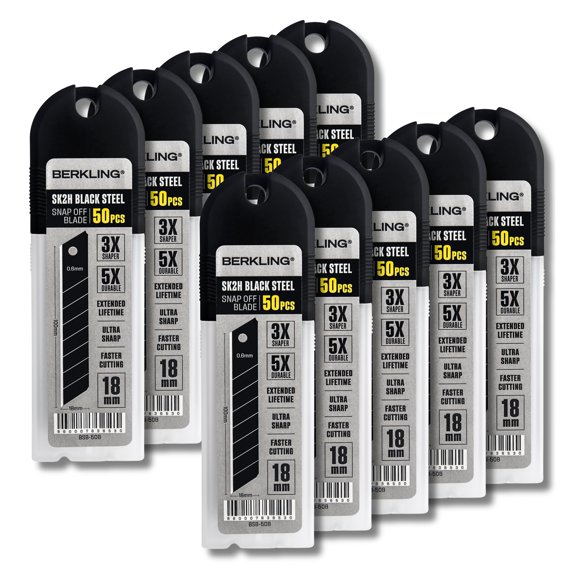 Berkling 18mm Utility Knife Blades, 500 PCS | SK2H Blackened Steel | 3x Sharper & 5x More Durable Than SK5 | Fits All 18mm Utility Knives & Box Cutters
