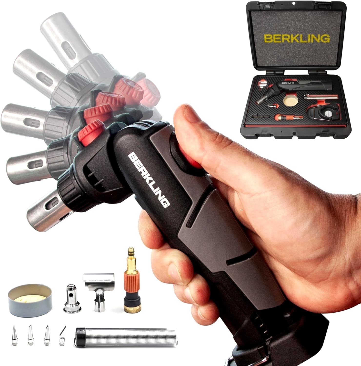 Berkling BSG-2000 Cordless Butane Soldering Torch Kit, 5-Way Adjustable Head, Multi-Function Soldering Iron, Heat Gun & Blow Torch, 90-Min Runtime, 12 Attachments with Carrying Case – Black