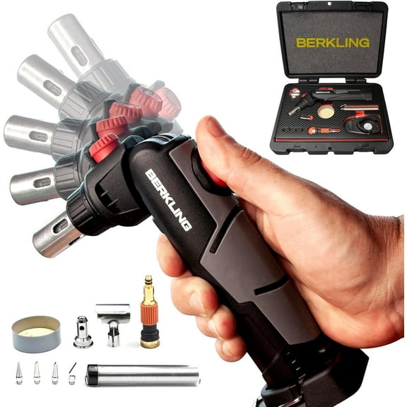 Berkling BSG-2000 Cordless Butane Soldering Torch Kit, 5-Way Adjustable Head, Multi-Function Soldering Iron, Heat Gun & Blow Torch, 90-Min Runtime, 12 Attachments with Carrying Case – Black