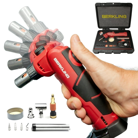 Berkling BSG-2000 Cordless Butane Soldering Torch Kit, 5-Way Adjustable Head, Multi-Function Soldering Iron, Heat Gun & Blow Torch, 90-Min Runtime, 12 Attachments with Carrying Case – Red