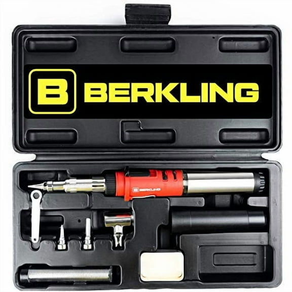 Berkling Premium Butane Soldering Iron - Portable Cordless Welding Micro Solder Torch Heat Gun, 3 Pro Grade Tips, 15g 60/40 Rosin Core Solder Wire, Mini Wrench, Sponge
