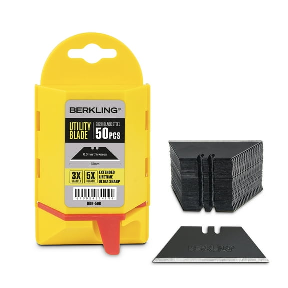 Berkling Utility Knife Blades for Replacement, Hardened Black Carbon Steel, 50-Pack With Dispenser, Standard T-Shape for Most of Cutters & Knives