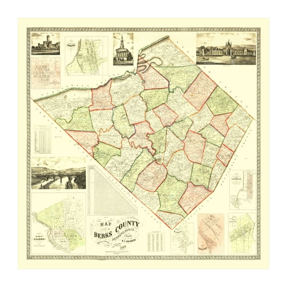 Berks County Pennsylvania Art, 1860 Vintage Map of Berks County PA History Wall Decor Gift, Old Berks County PA Map - 30" x 30" Unframed Print