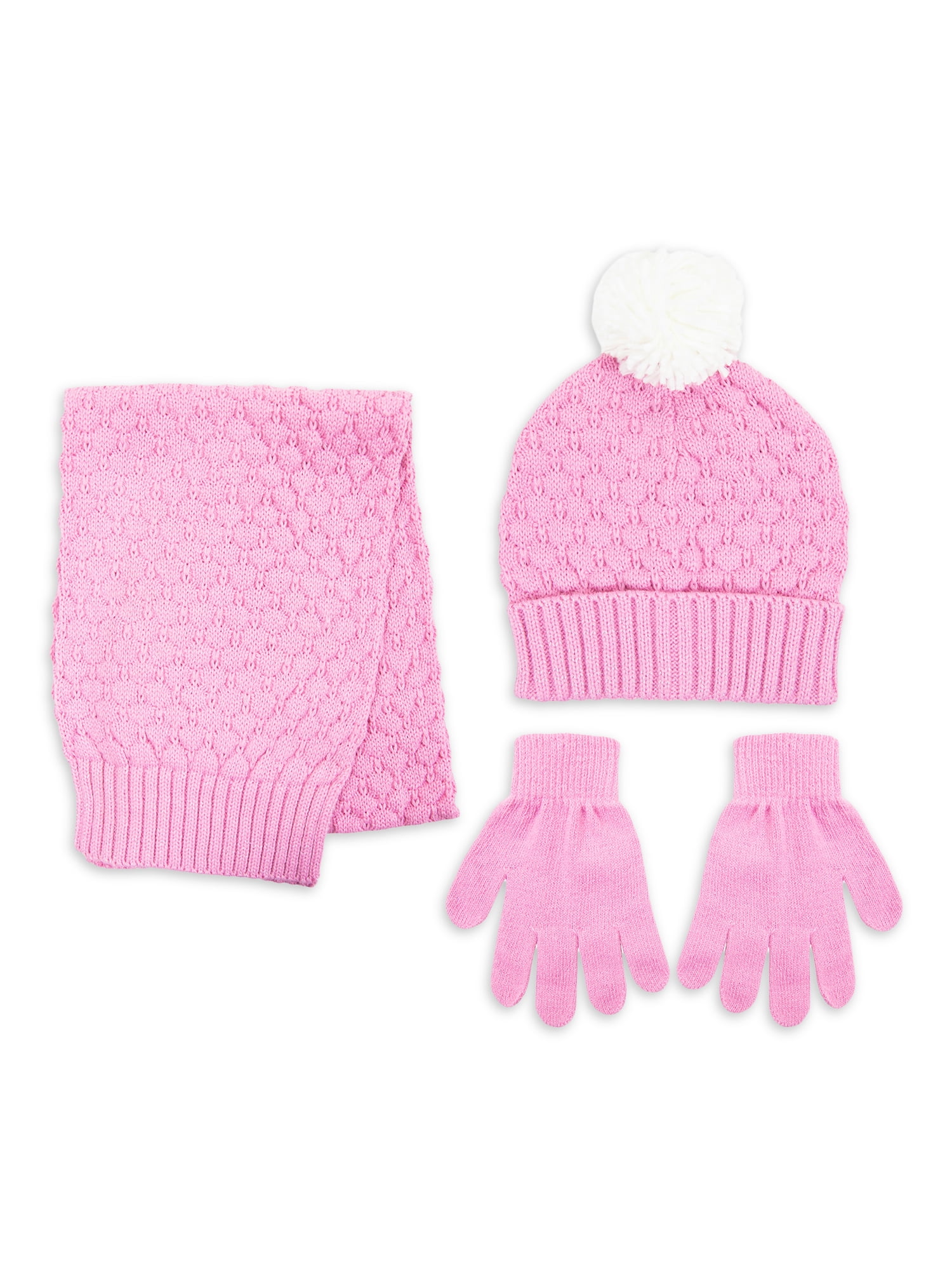 Berkshire Girls Bubble Knit Pom Beanie Hat, Scarf, and Magic Glove 3 Piece Set, One Size