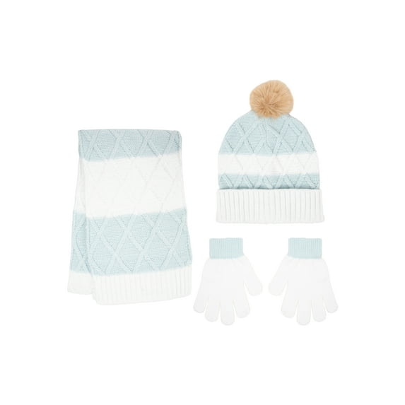 Berkshire Girls Striped Cable Knit Beanie, Scarf and Glove 3-Piece Set, One Size