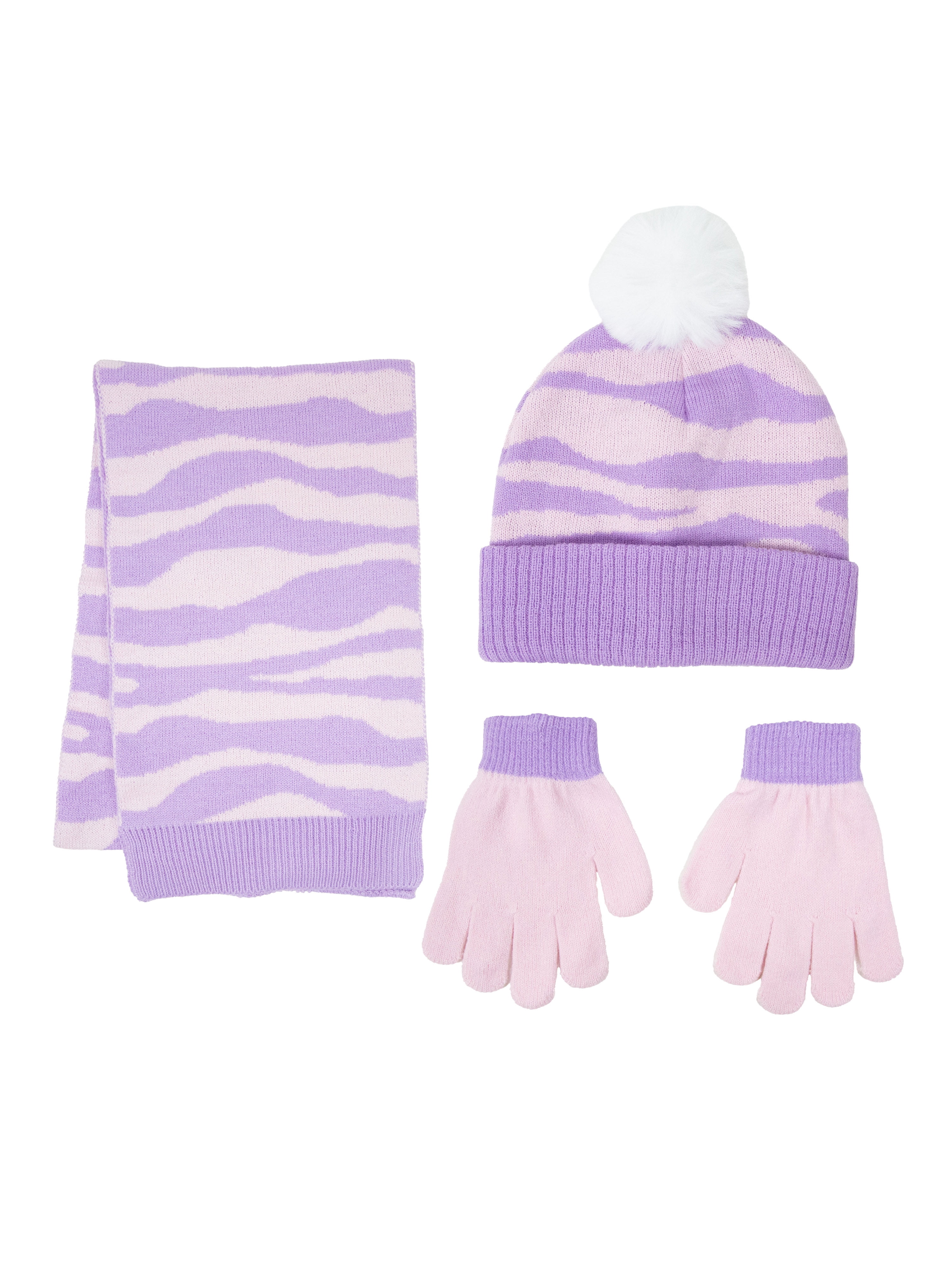 Girls Zebra Print Cable Knit Beanie, Scarf and Glove 3-Piece Set, One Size