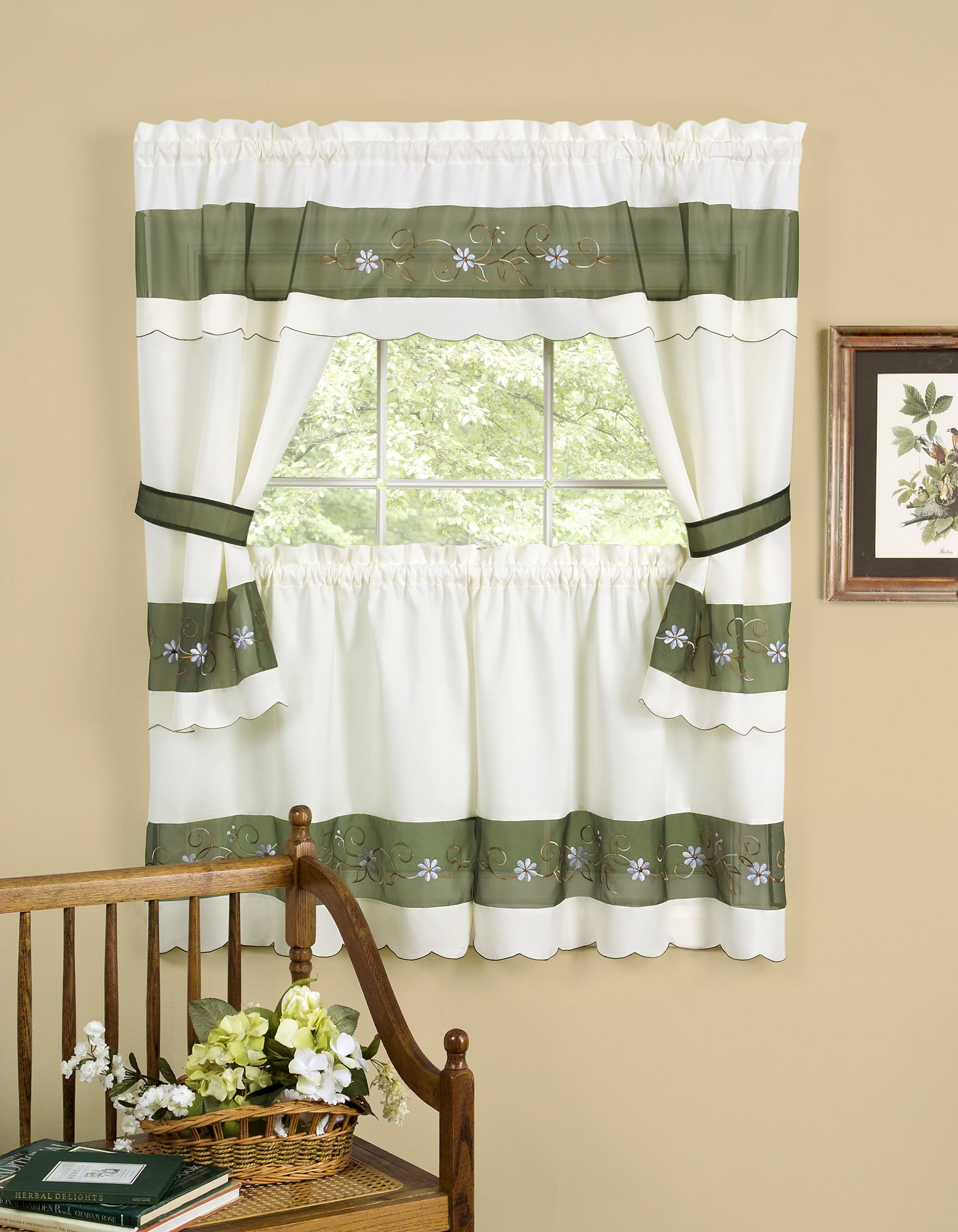 Green and White Floral Embroidered Faux Silk Tier Curtains