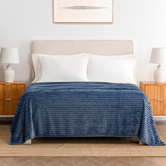 Berkshire Life Heathered Soft EcoThread® Plush Ribbed Blanket,Twin 66 in x 90 in,Navy