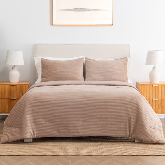 Berkshire Life Tan Textured Cozy Classic Ribbed Plush 3-Piece Comforter Set