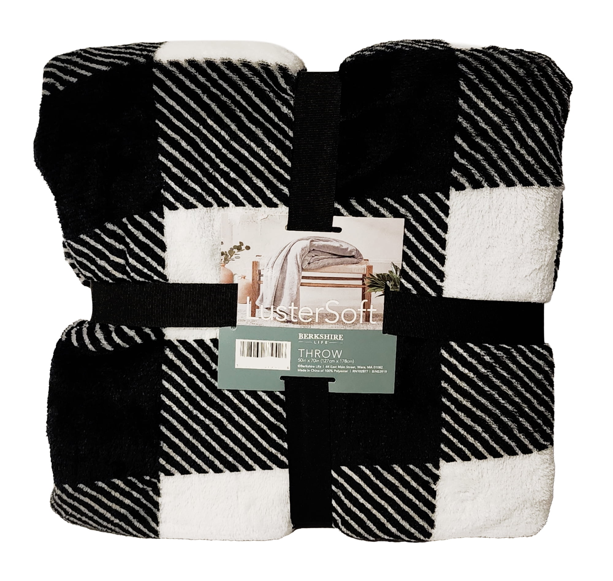 Berkshire LusterSoft Plush Throw Blanket Black White Buffalo Plaid 50 x ...